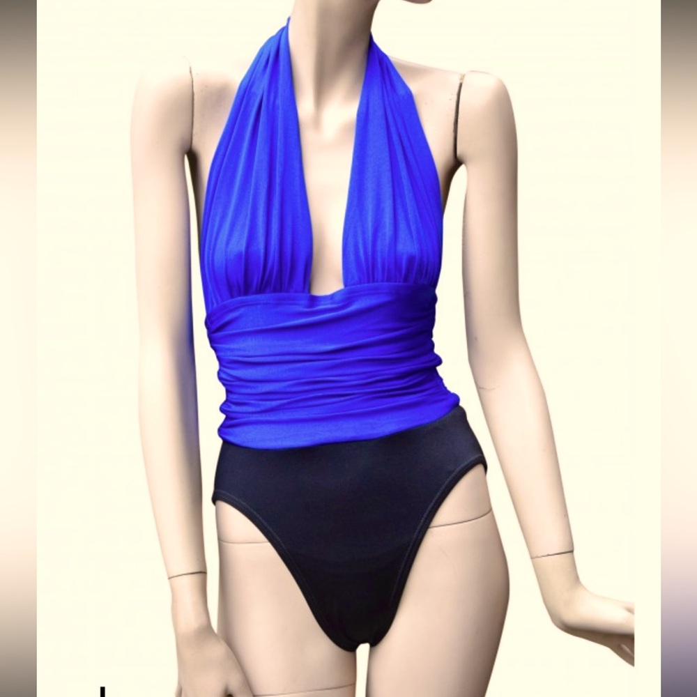 Yves Saint Laurent Blue and Black Halter One-Piece Swimsuit